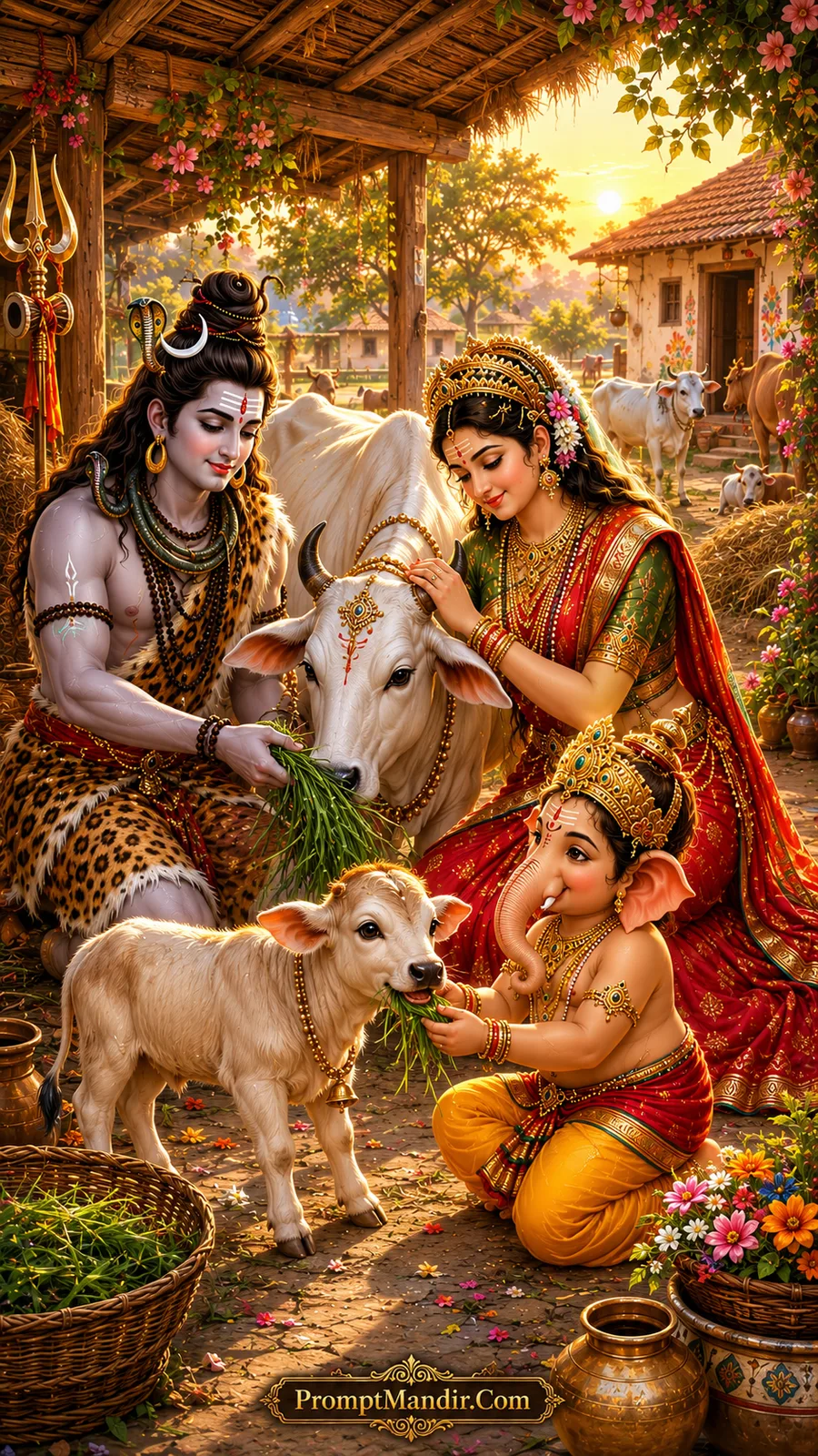 Shiva Parvati Ganesh caring for cows and calf village life AI prompt