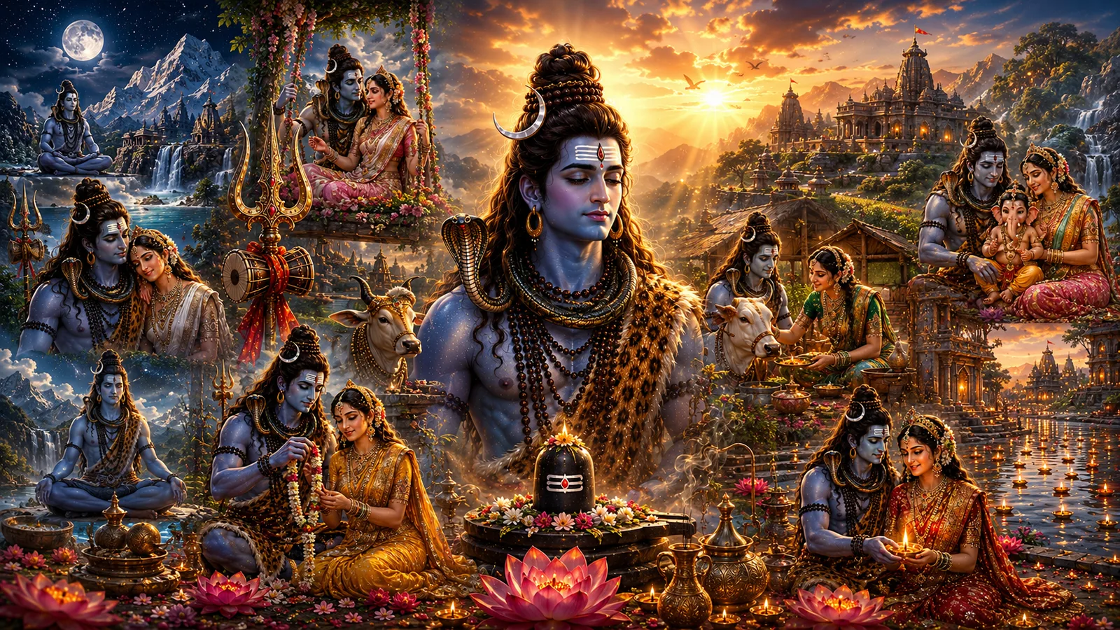 Mahadev Universe featuring Lord Shiva and Goddess Parvati with divine scenes of meditation, family life, village life, devotion, temples, Kailash mountains and sacred Hindu artwork.