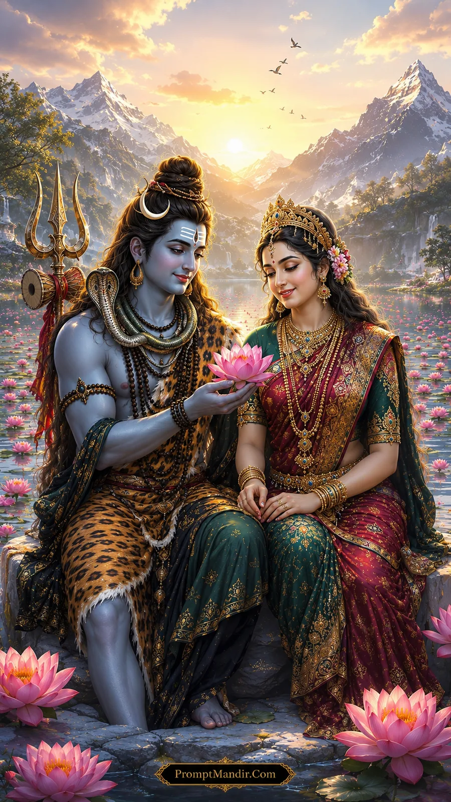 Shiva offering lotus to Parvati beside Himalayan lotus lake AI art prompt