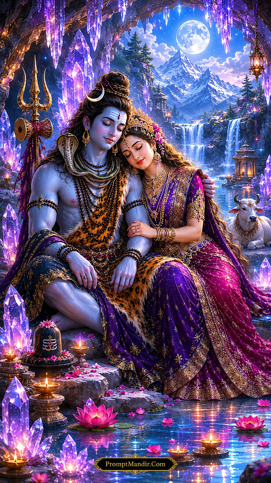 Shiva Parvati crystal cave moonlight romantic scene AI art prompt