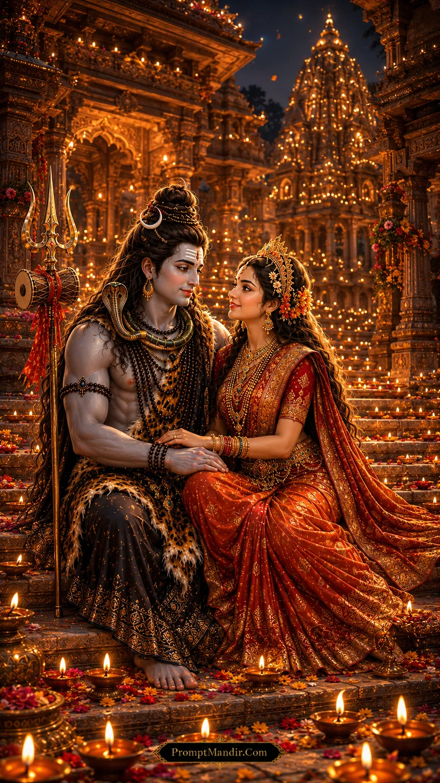 Shiva Parvati temple of thousand diyas romantic evening AI art prompt