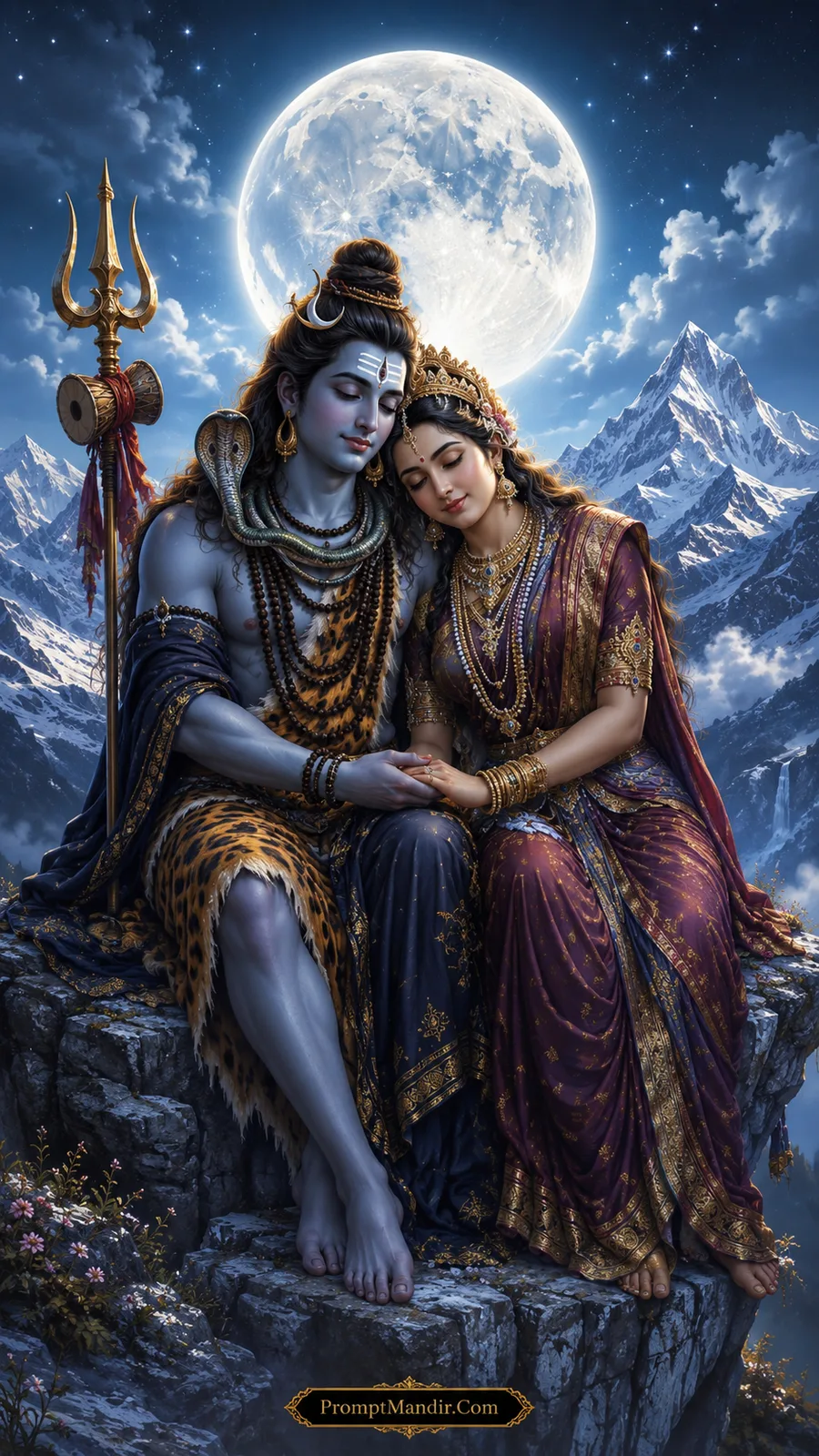 Shiva Parvati full moon Himalayan cliff romantic AI art prompt