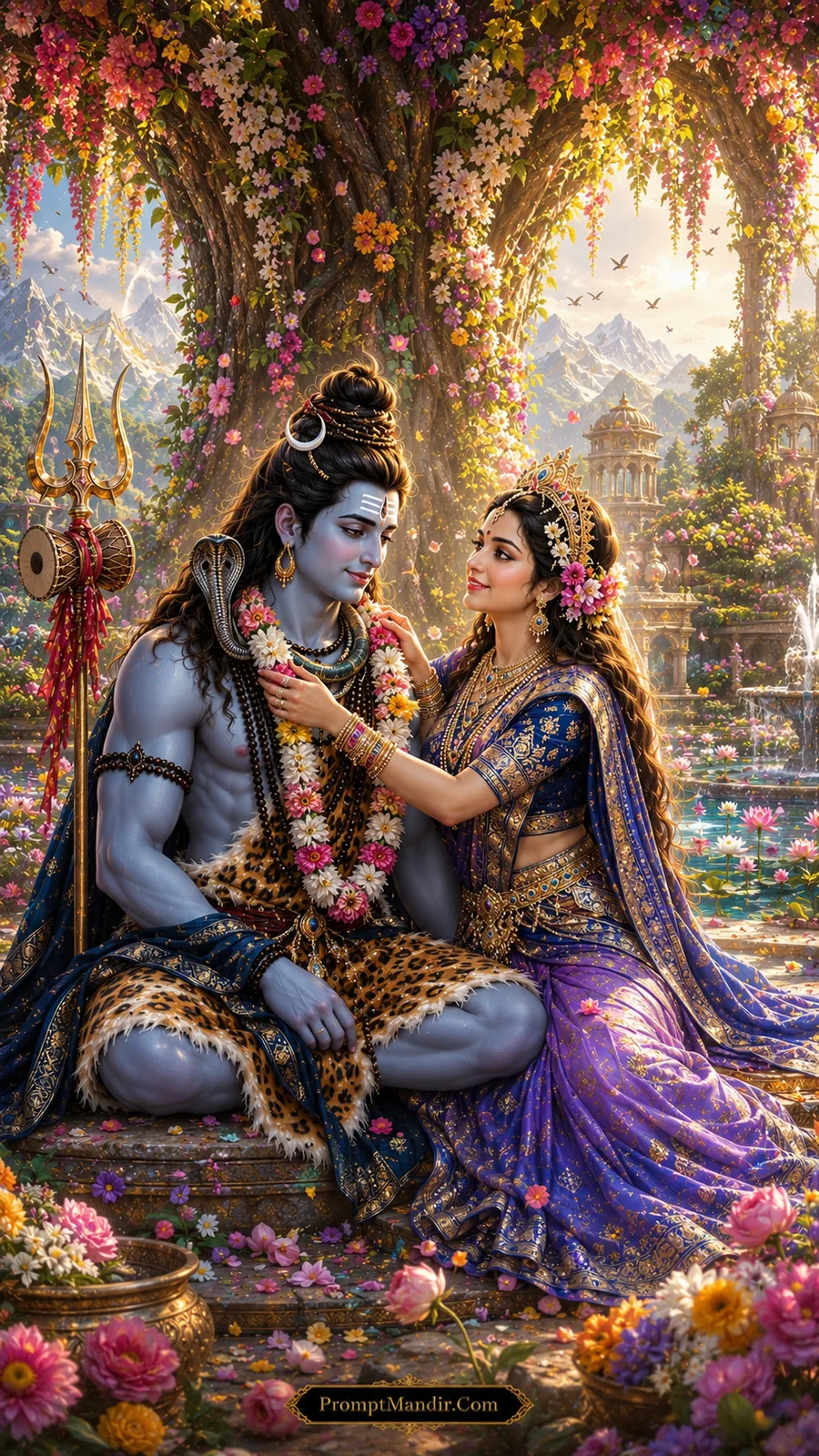 Parvati garlanding Shiva in heavenly flower garden AI art prompt