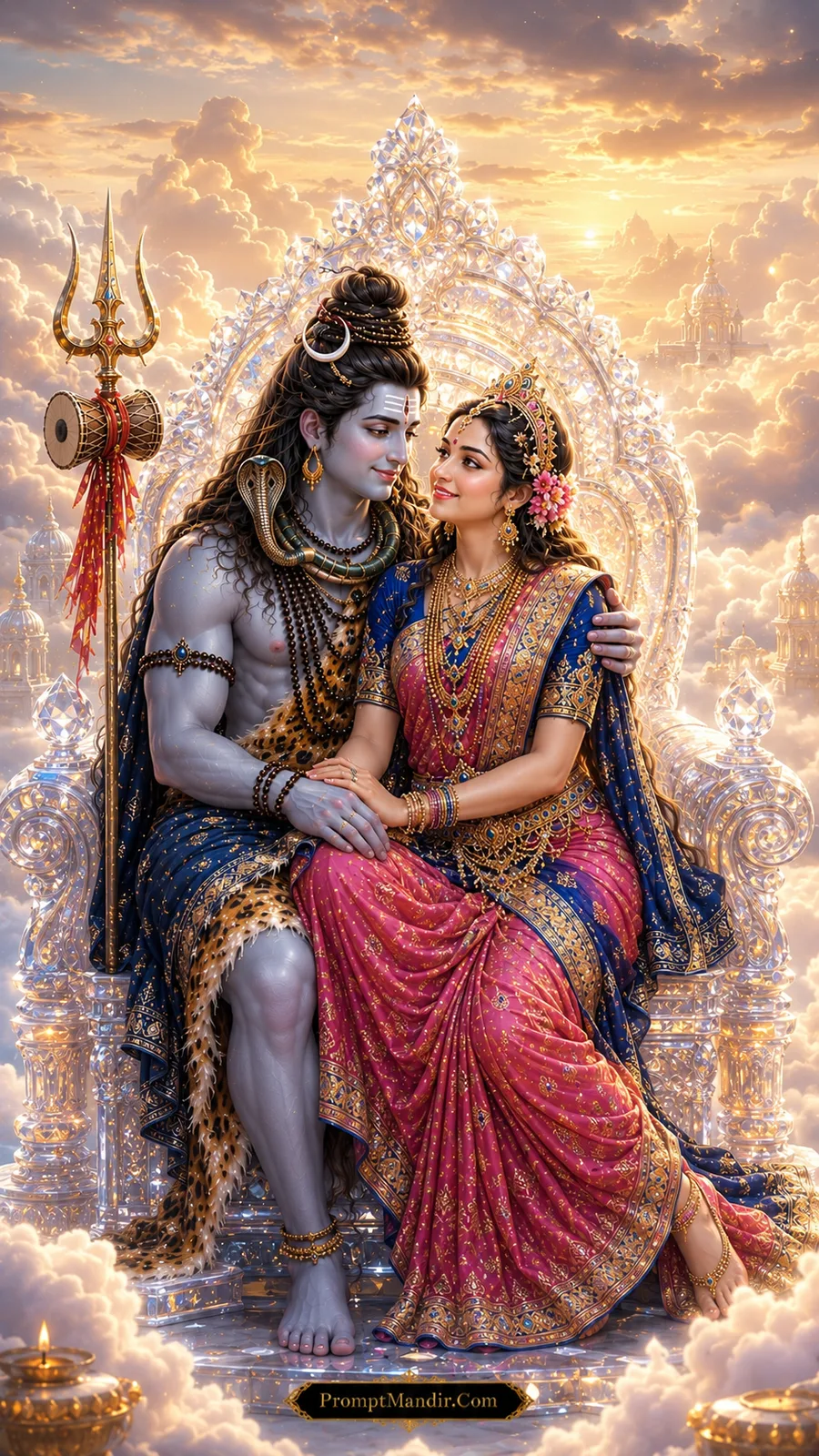 Shiva Parvati celestial crystal throne divine romance AI art prompt