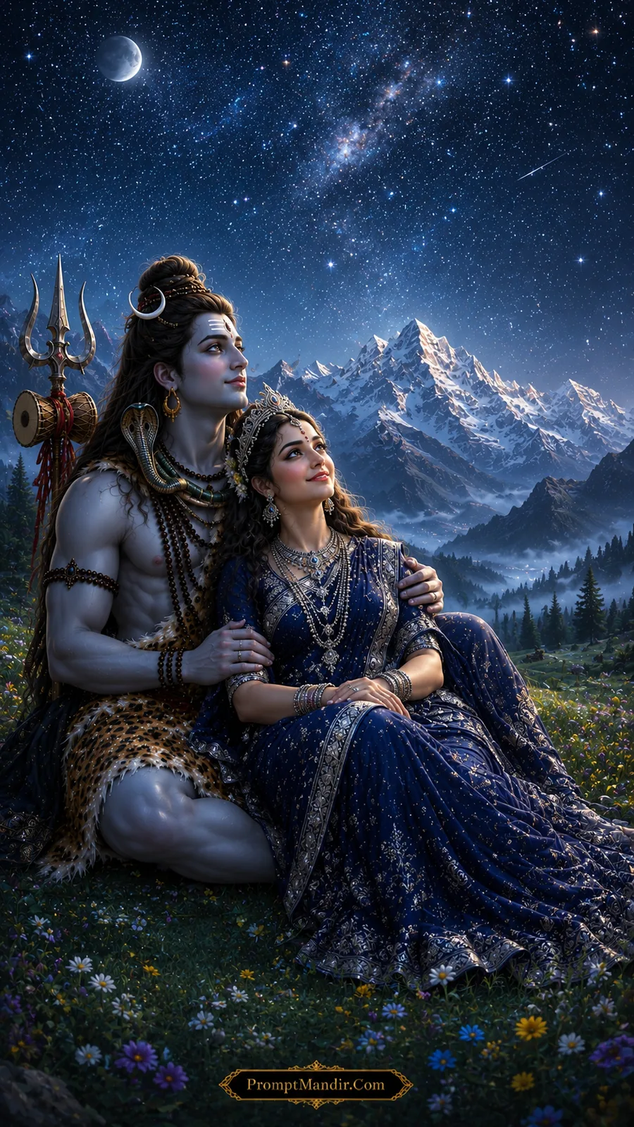 Shiva Parvati stargazing in Himalayan meadow AI art prompt