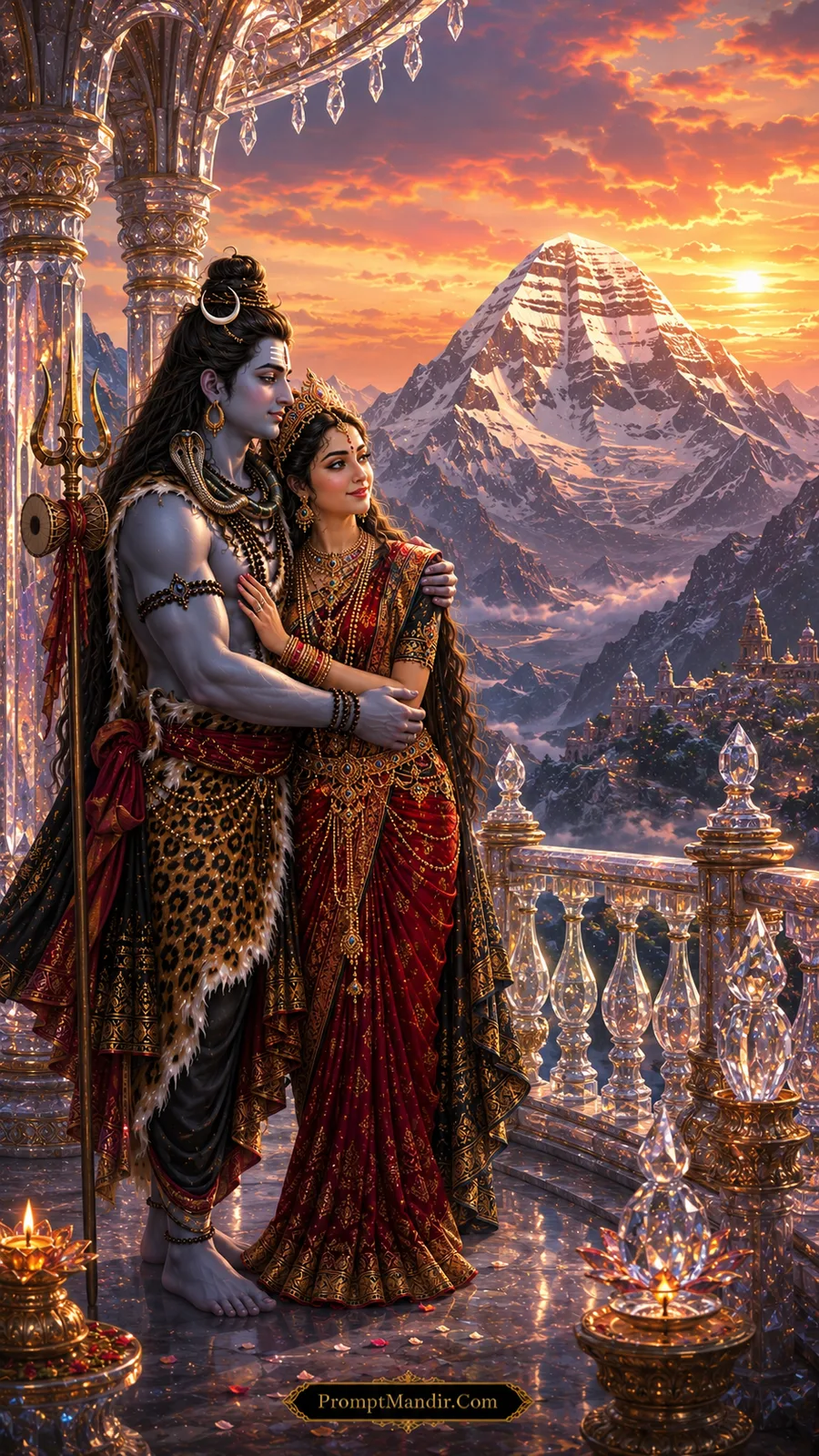 Shiva Parvati divine palace balcony overlooking Mount Kailash AI art prompt