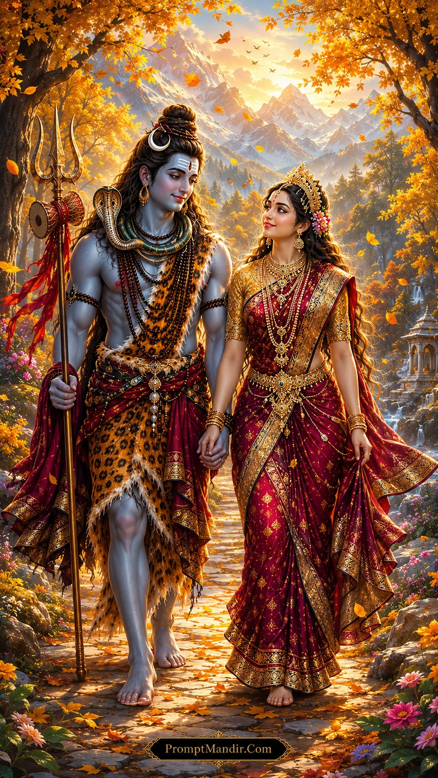 Shiva Parvati divine autumn forest pathway cinematic AI prompt