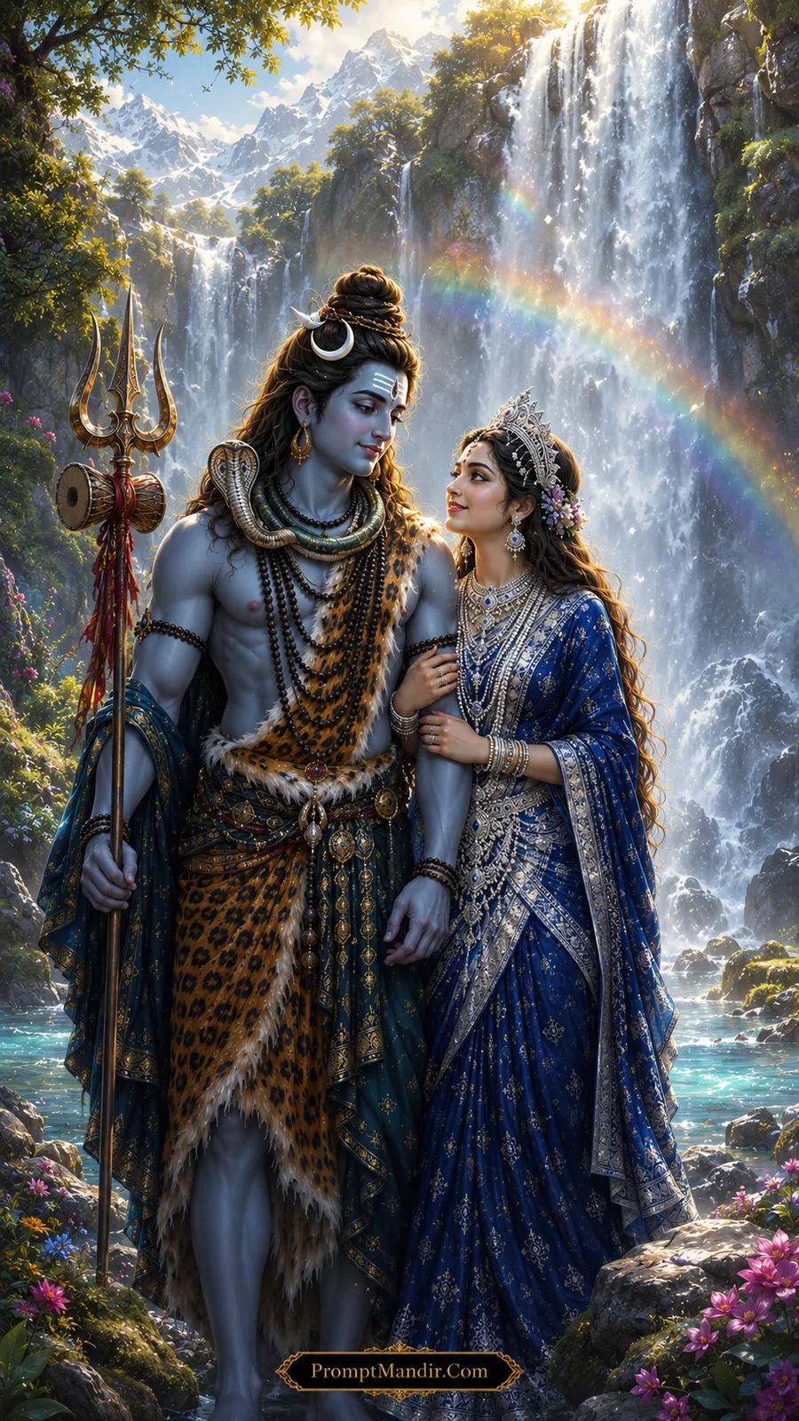 Shiva Parvati divine waterfall rainbow scene AI art prompt