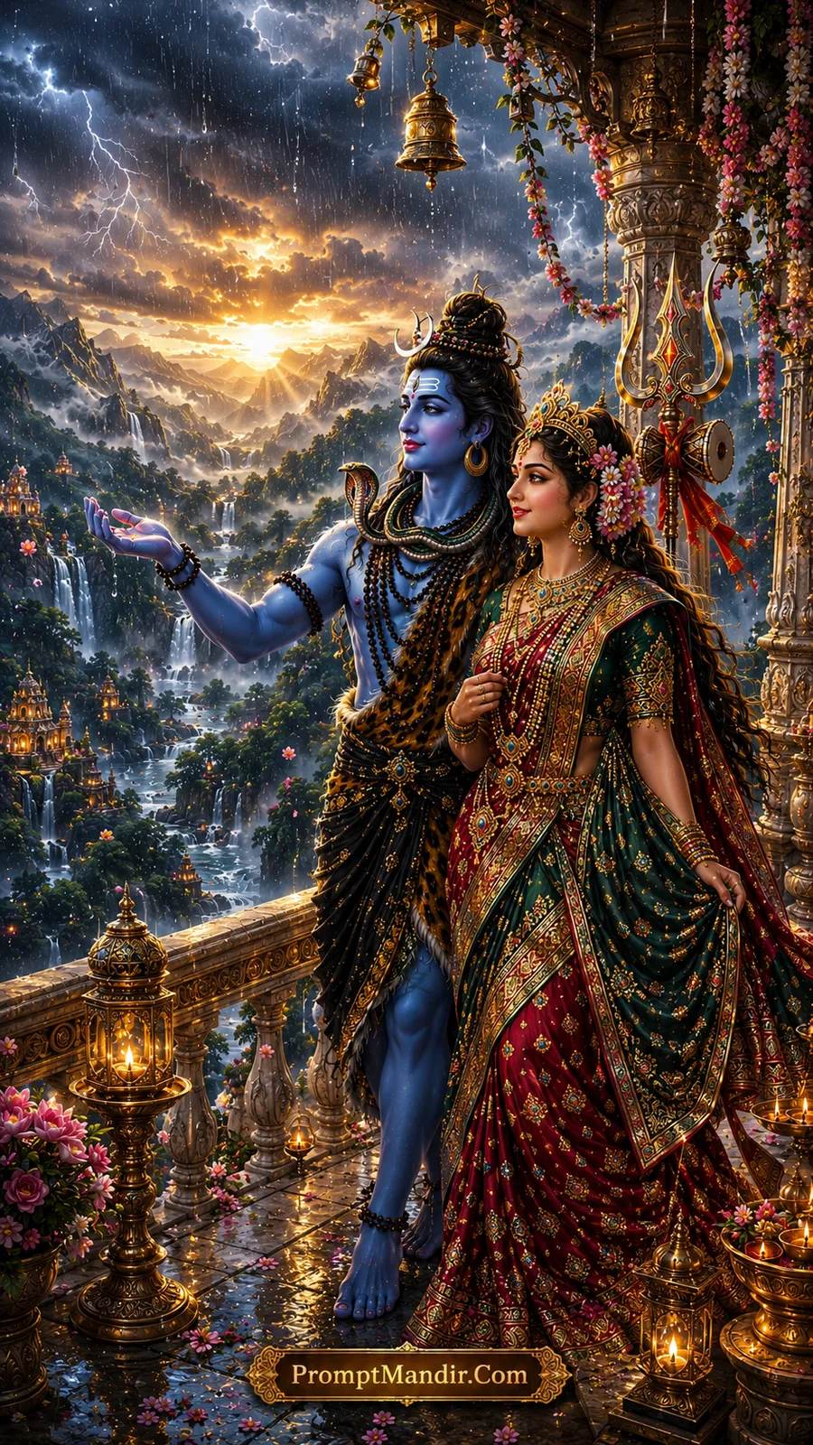 Shiva Parvati divine storm valley temple balcony cinematic prompt