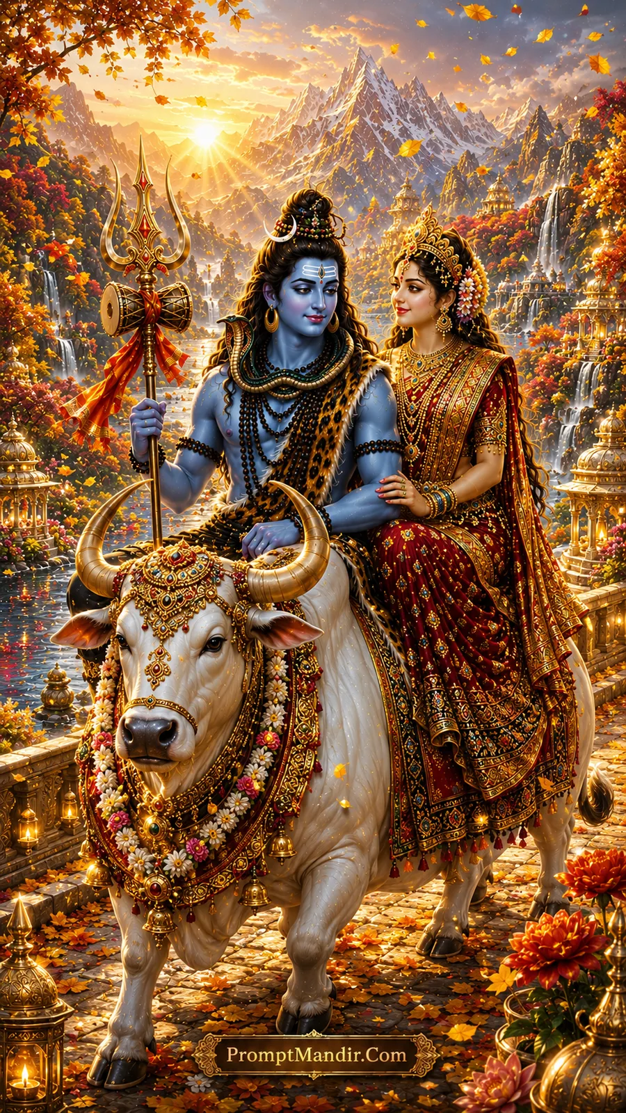 Shiva Parvati divine Nandi ride golden valley AI art prompt