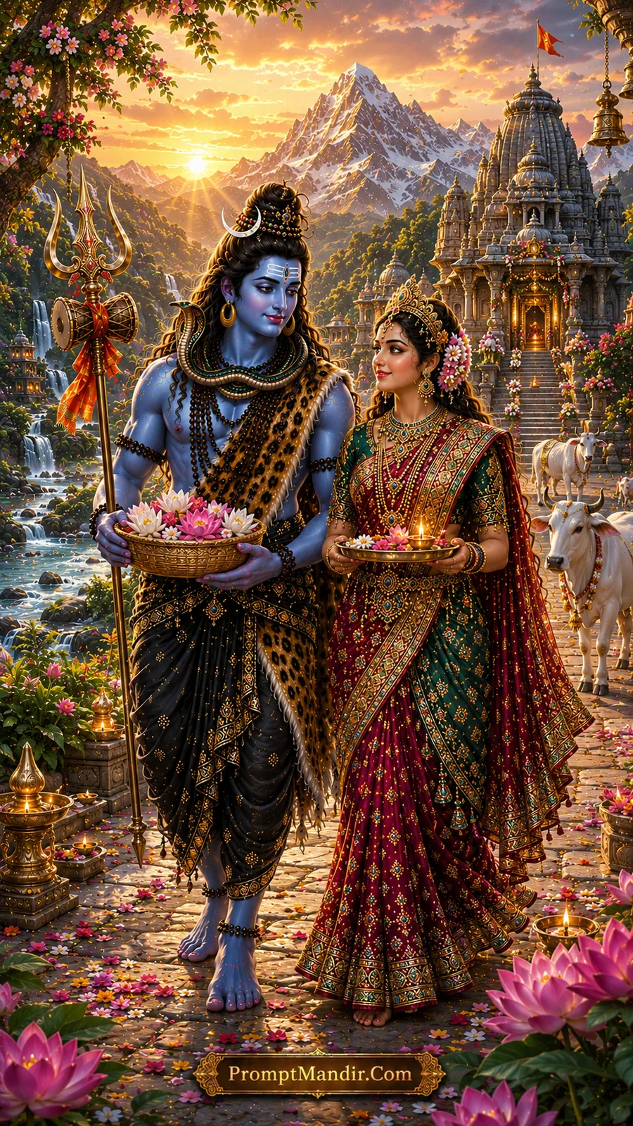 Shiva Parvati divine temple offering procession AI prompt