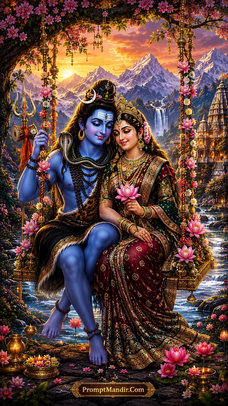 Shiva Parvati divine lotus swing celestial garden AI art prompt