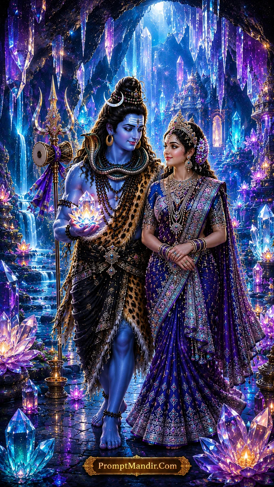 Shiva Parvati divine crystal cave fantasy AI art prompt