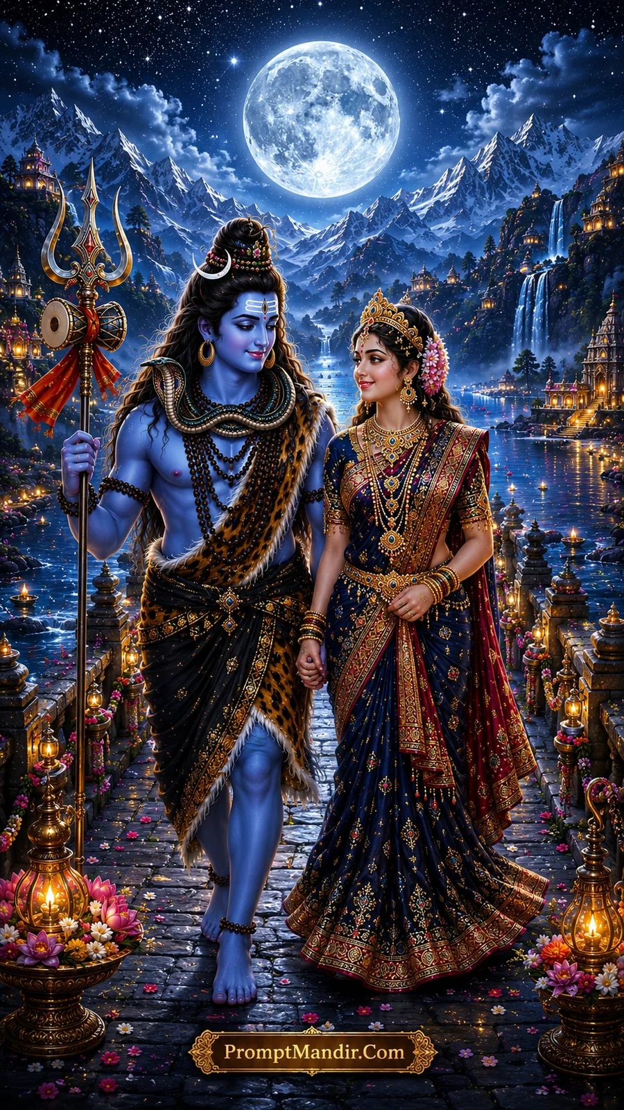 Shiva Parvati divine moonlit Himalayan pathway AI art prompt