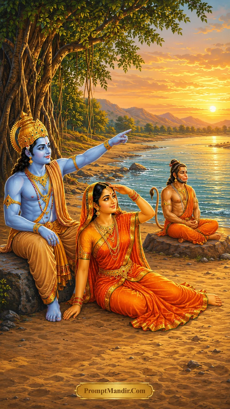 Shree Ram Sita sunset riverside meditation AI art prompt