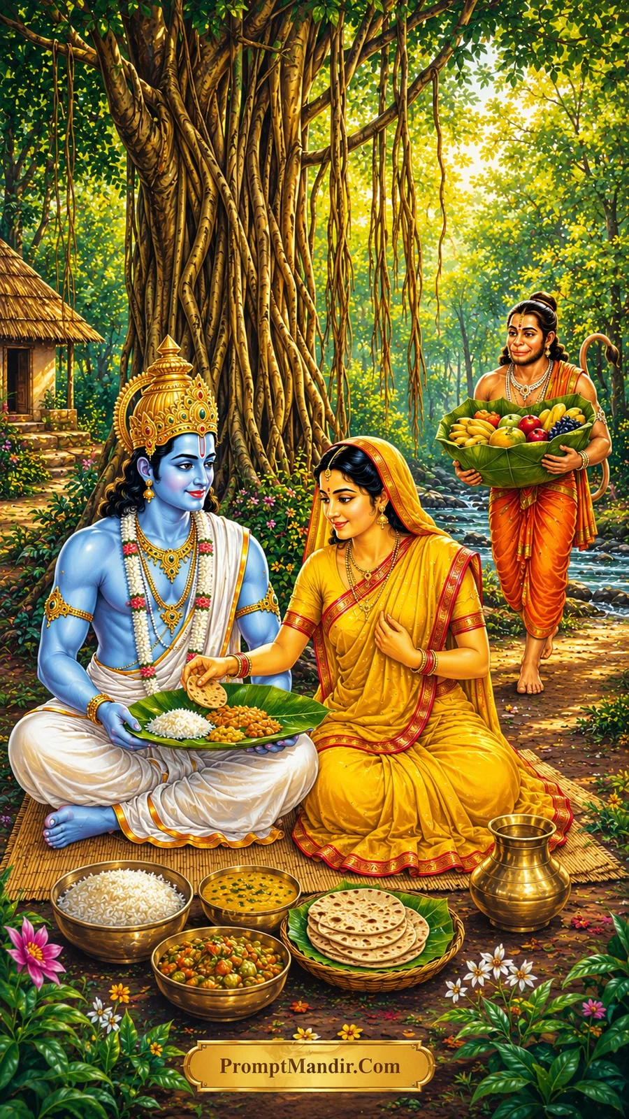 Rama Sita forest meal preparation cinematic AI prompt