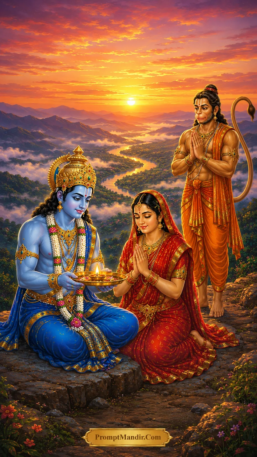 Rama Sita mountain prayer sunset devotional AI prompt