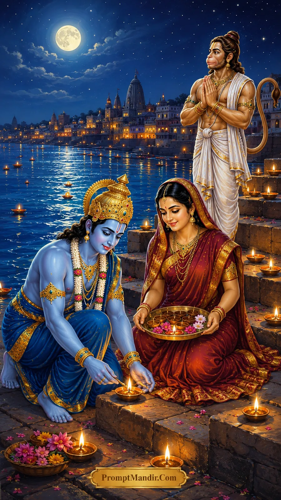 Rama Sita diya ceremony riverside night AI prompt
