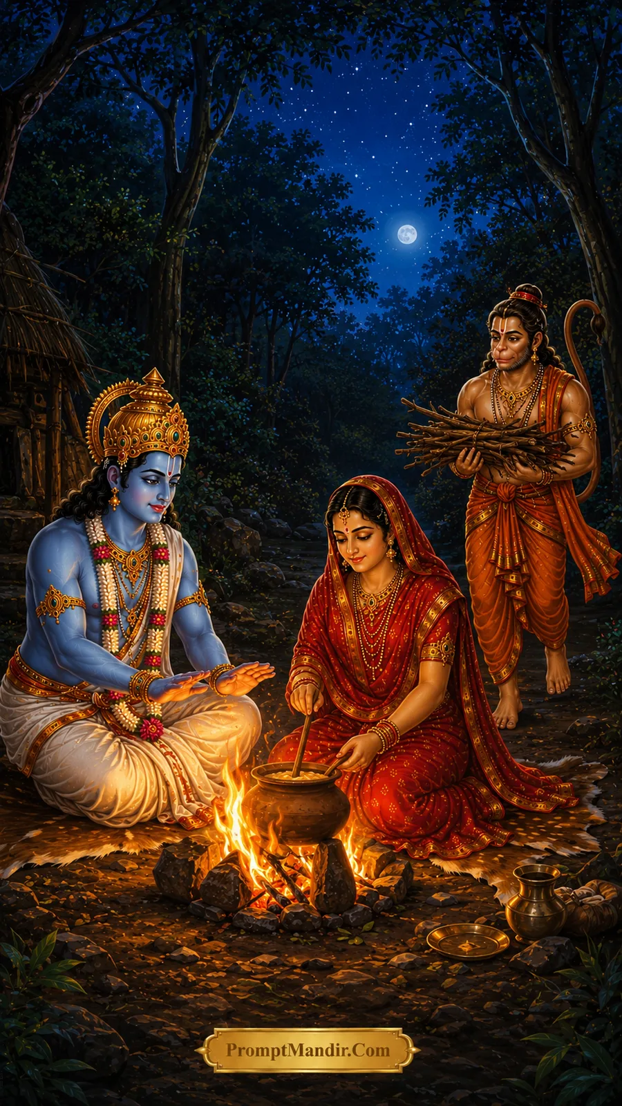 Rama Sita forest campfire cooking AI art prompt