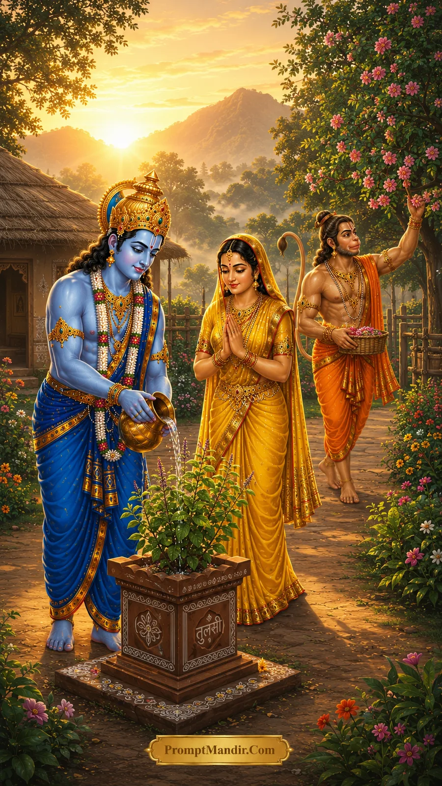 Rama Sita Tulsi worship village garden AI prompt