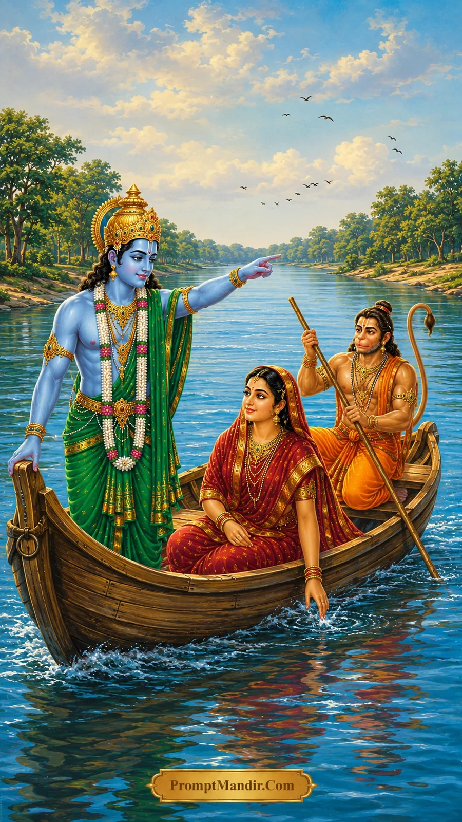 Rama Sita river journey boat cinematic AI prompt