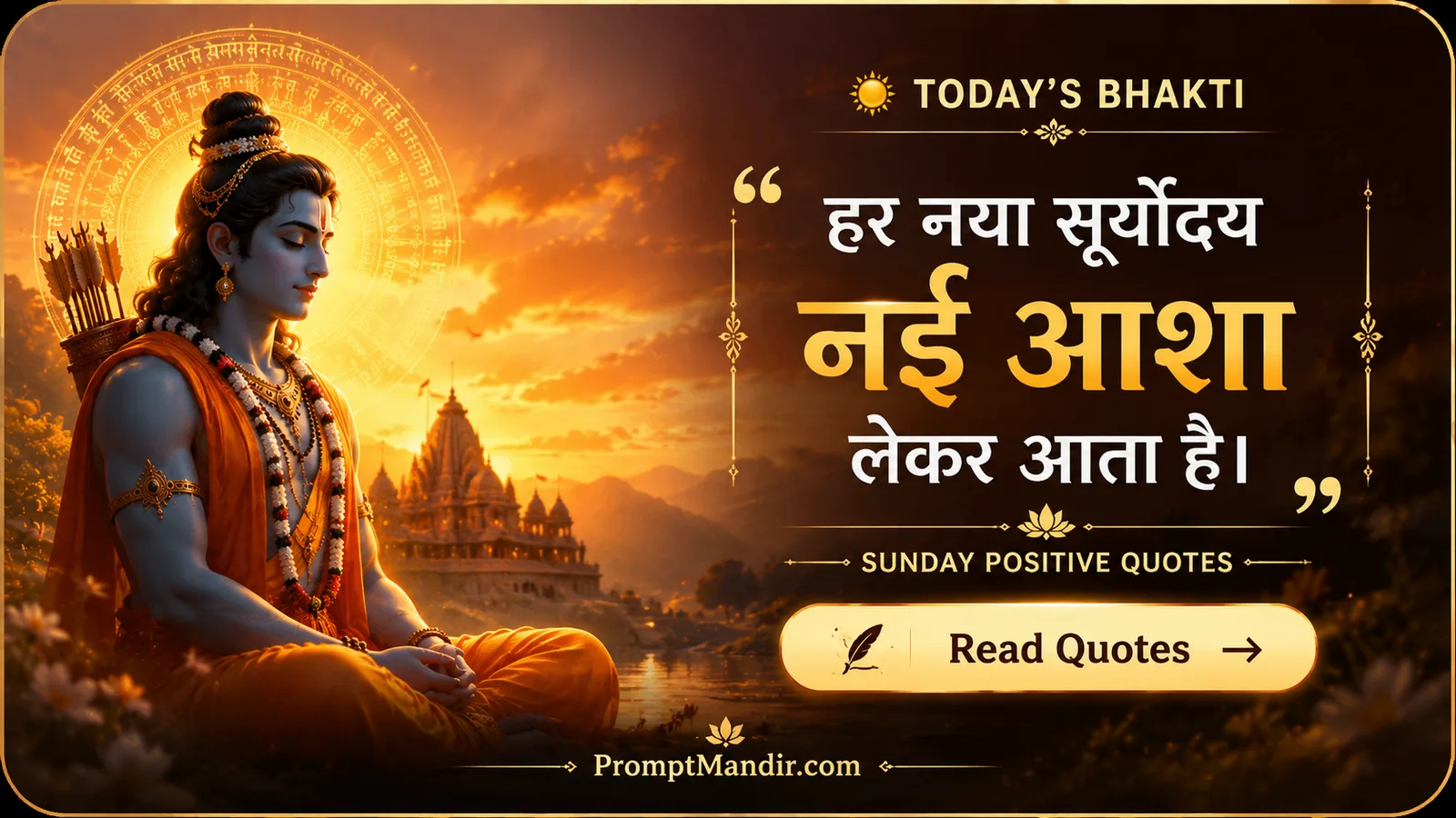 Lord Rama meditating at sunrise with radiant halo and temple landscape