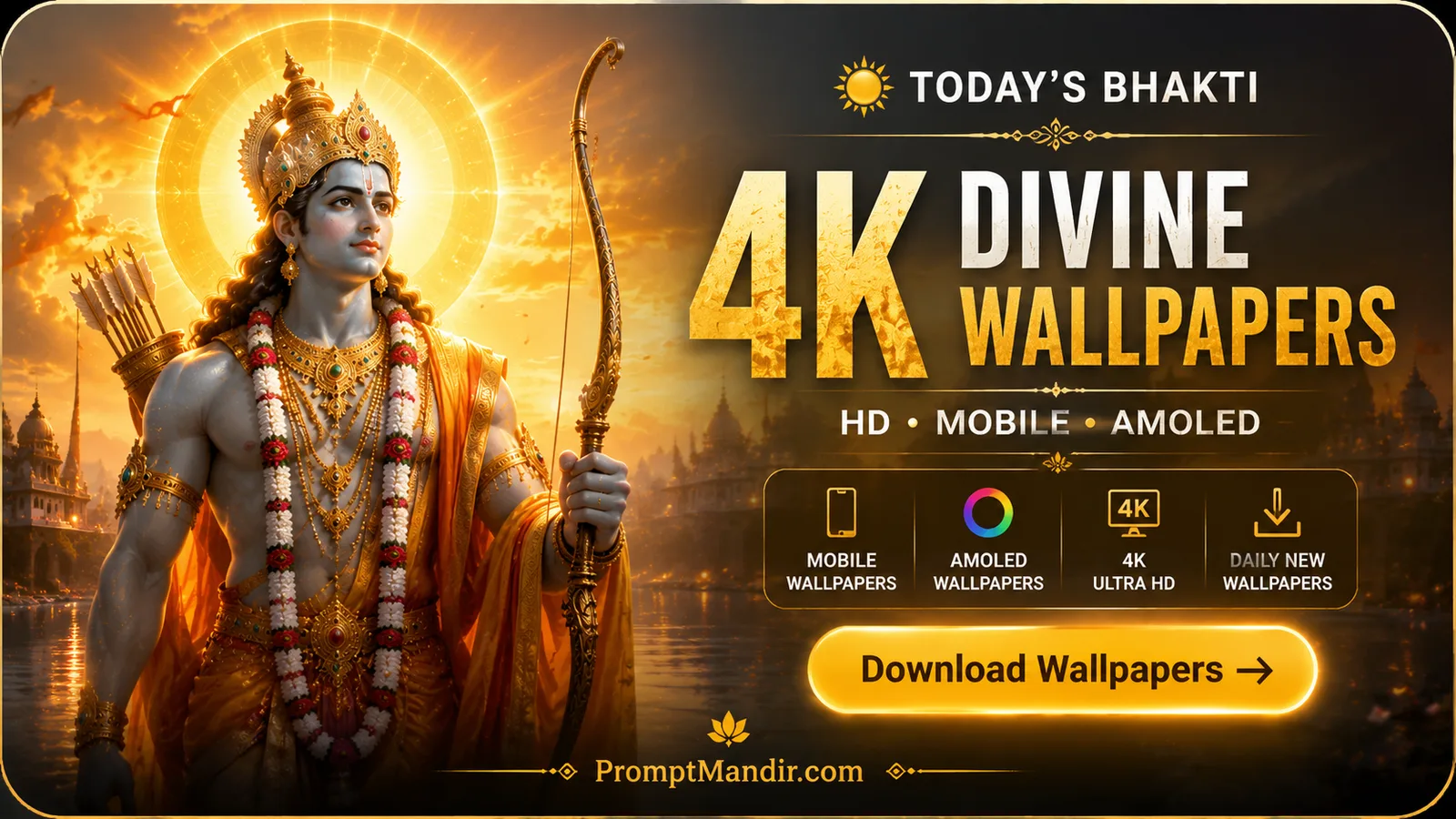 Divine Lord Rama holding bow with golden halo and sacred river backdrop