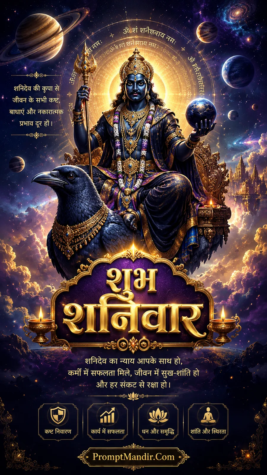Lord Shani Dev seated on crow with cosmic planets and radiant aura