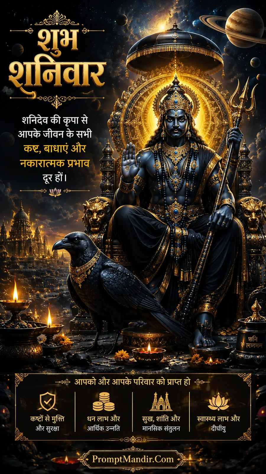 Lord Shani Dev on royal throne with crow and glowing temple backdrop