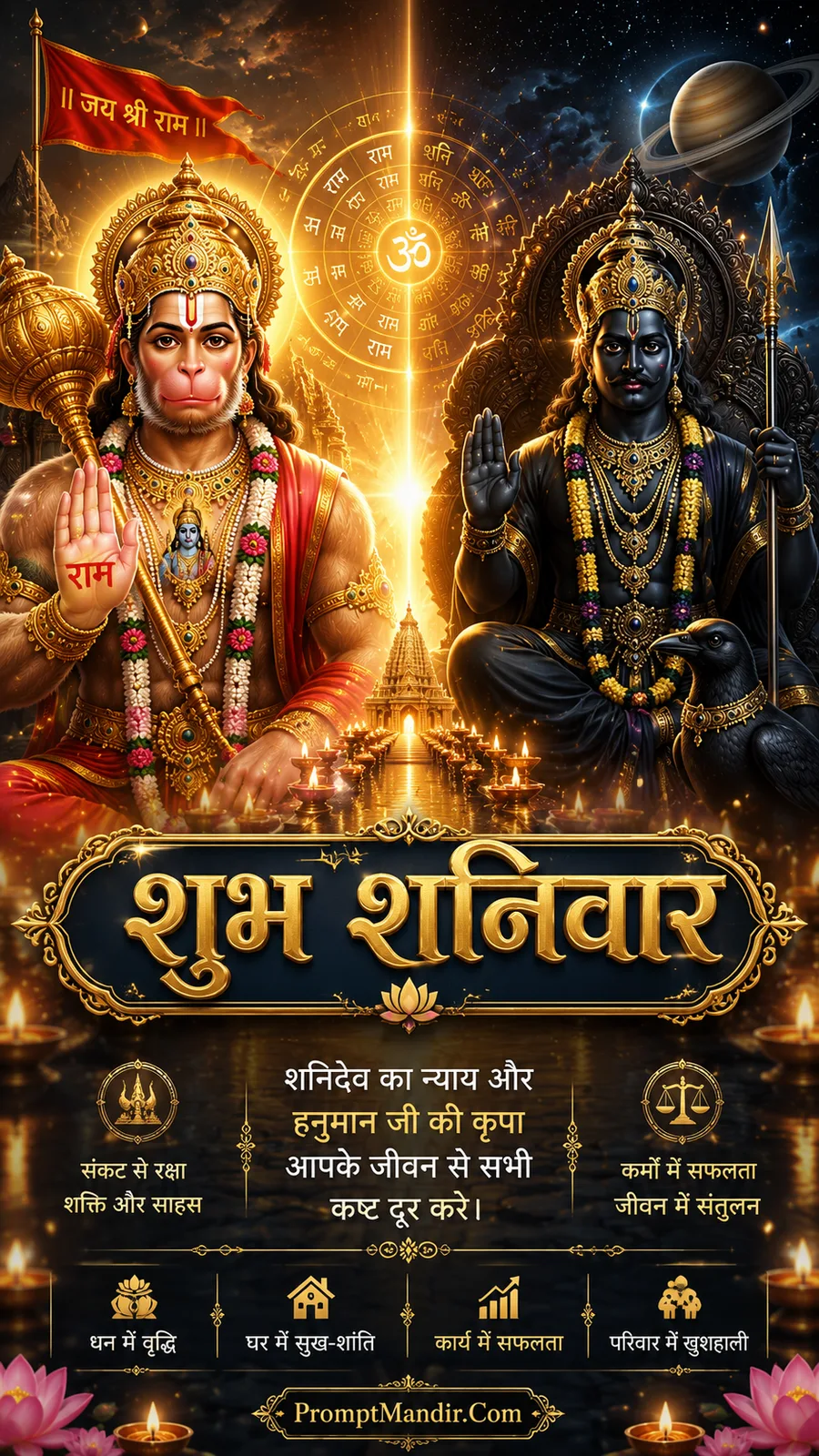 Lord Hanuman and Shani Dev together with temple lights and sacred aura