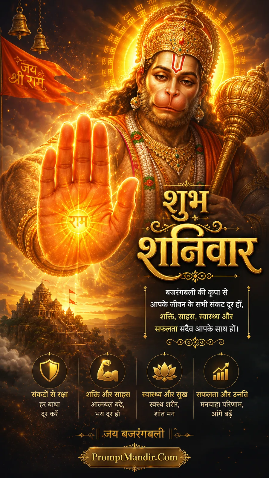Lord Hanuman raising blessing hand with glowing Ram symbol and golden aura