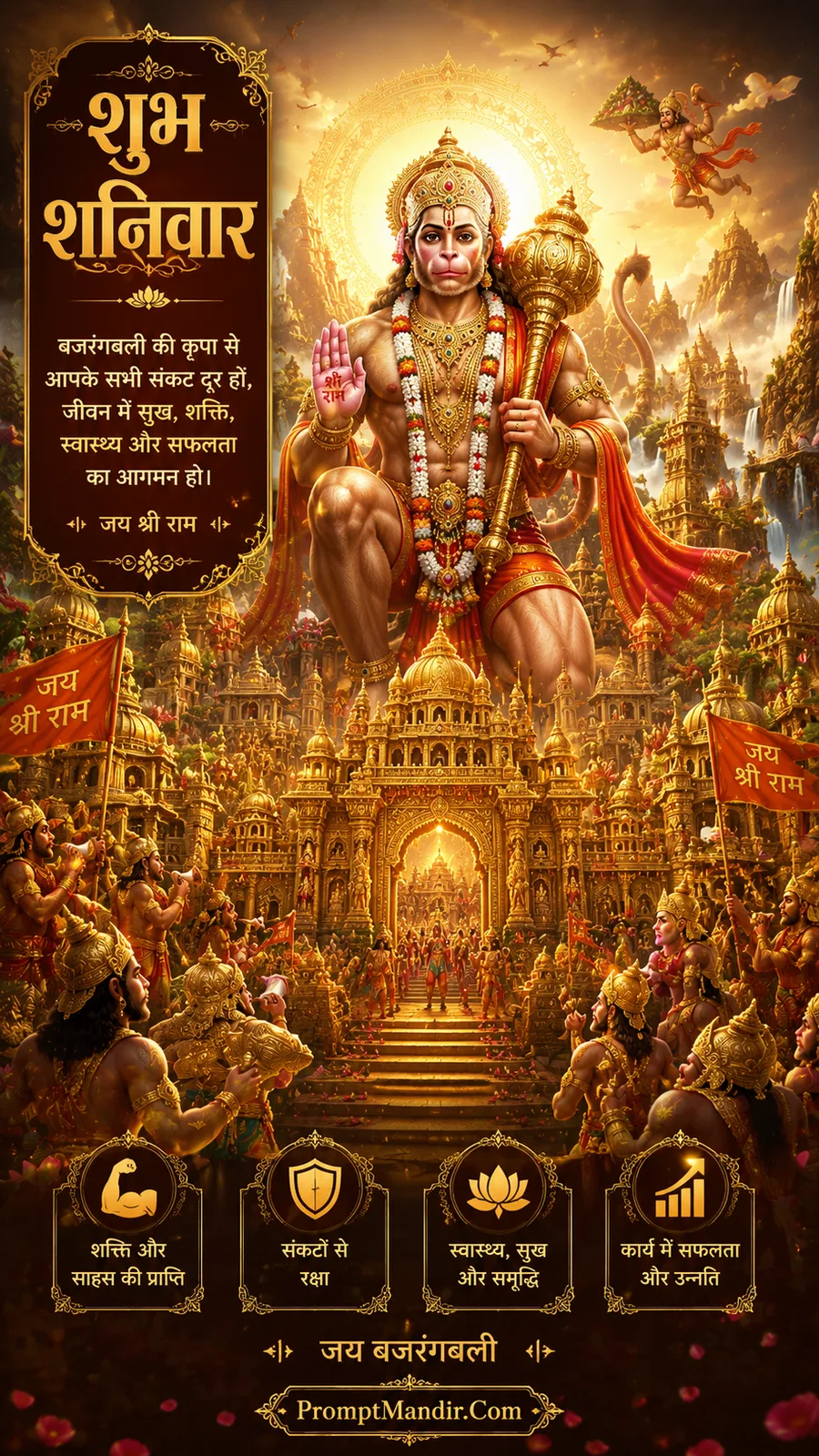 Lord Hanuman standing above grand temple city with sacred devotees below
