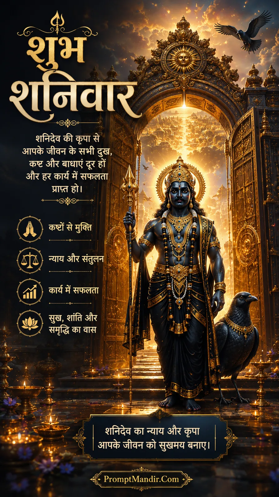 Lord Shani Dev standing beside crow at golden celestial gateway