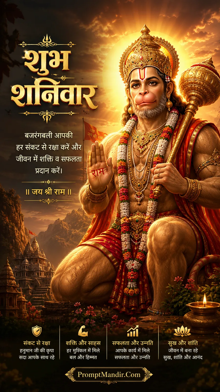 Lord Hanuman seated with golden mace and radiant sunrise background