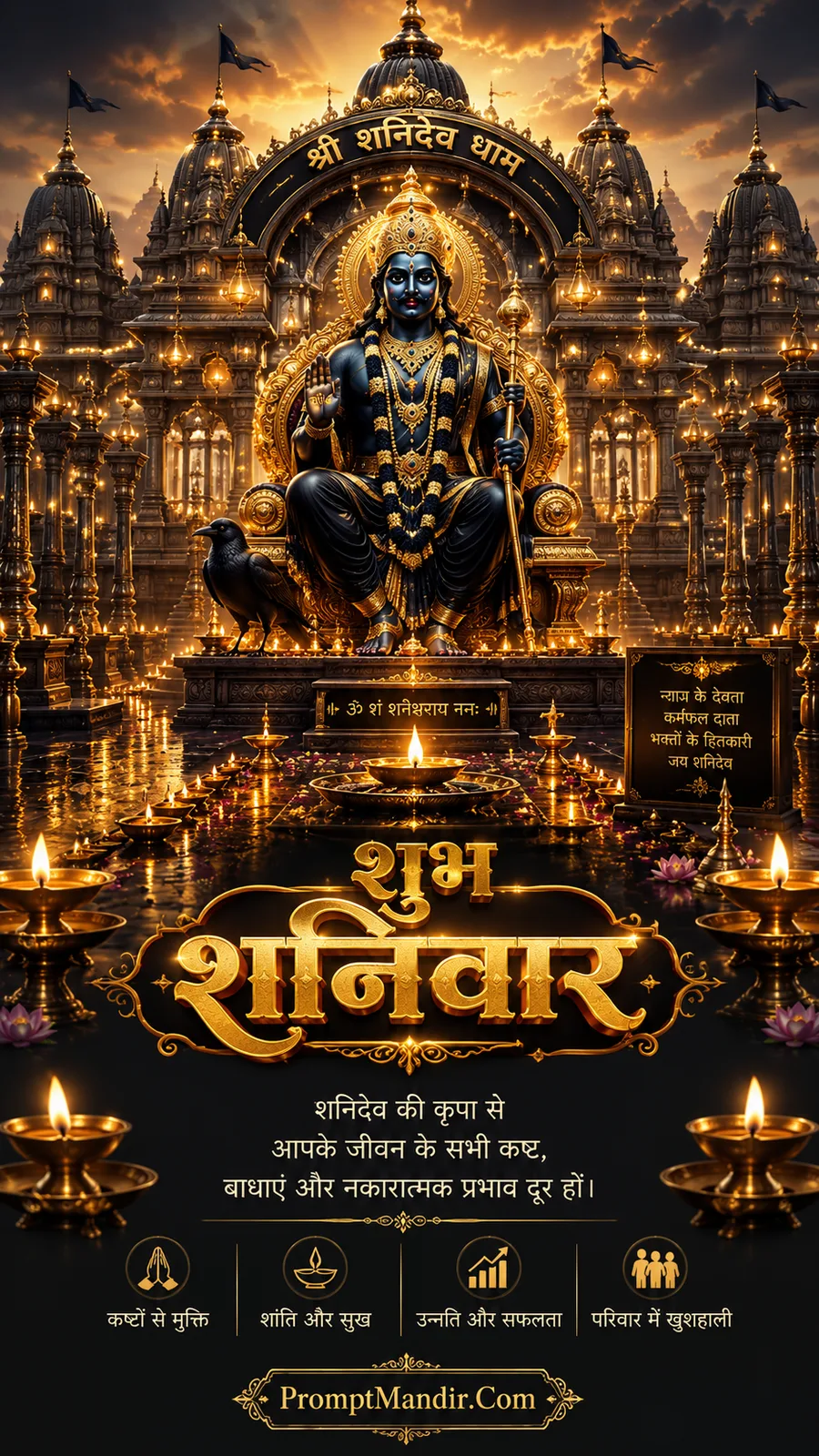 Lord Shani Dev seated before illuminated temple surrounded by sacred lamps