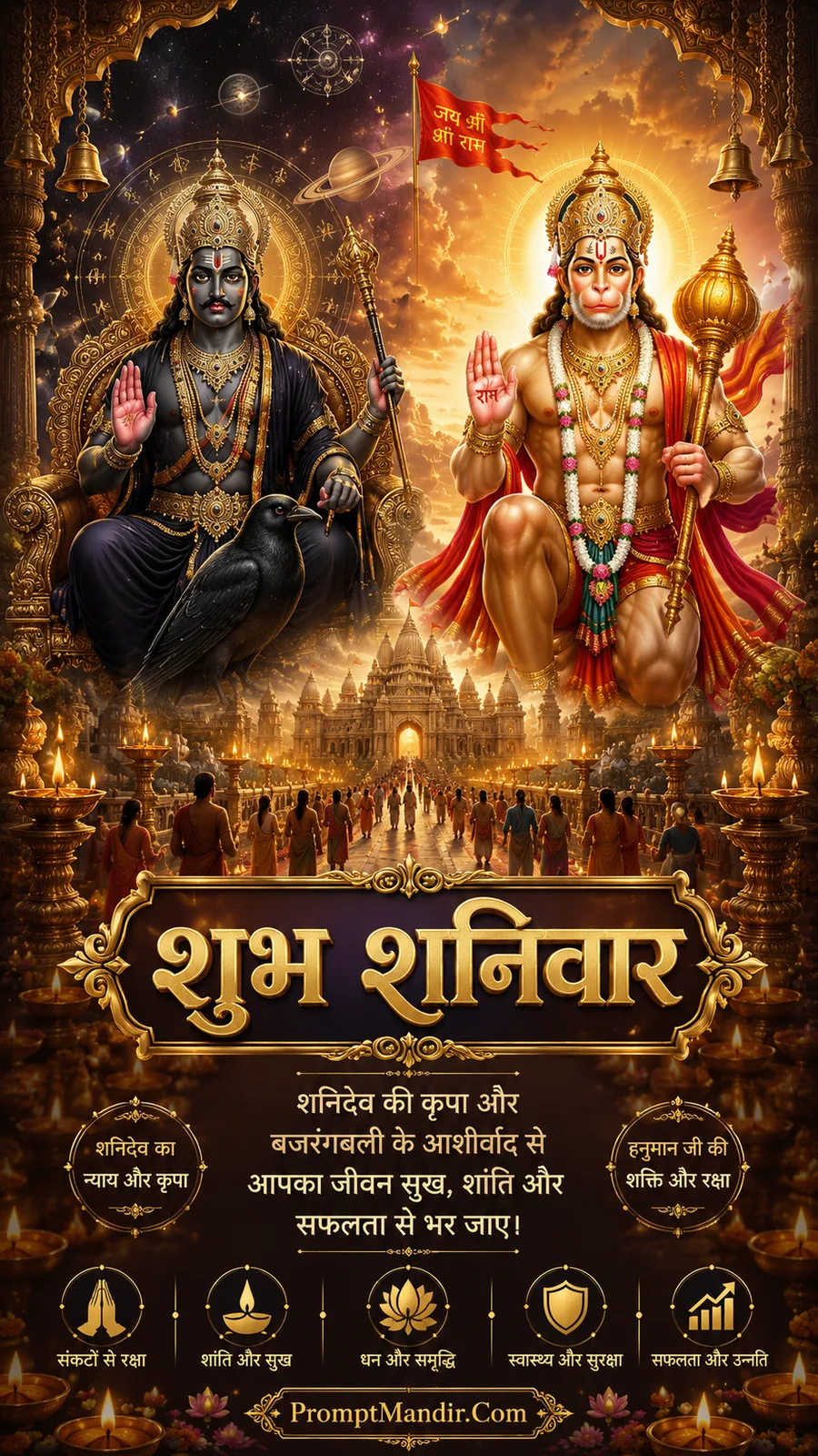 Lord Hanuman and Shani Dev blessing devotees in celestial temple pathway