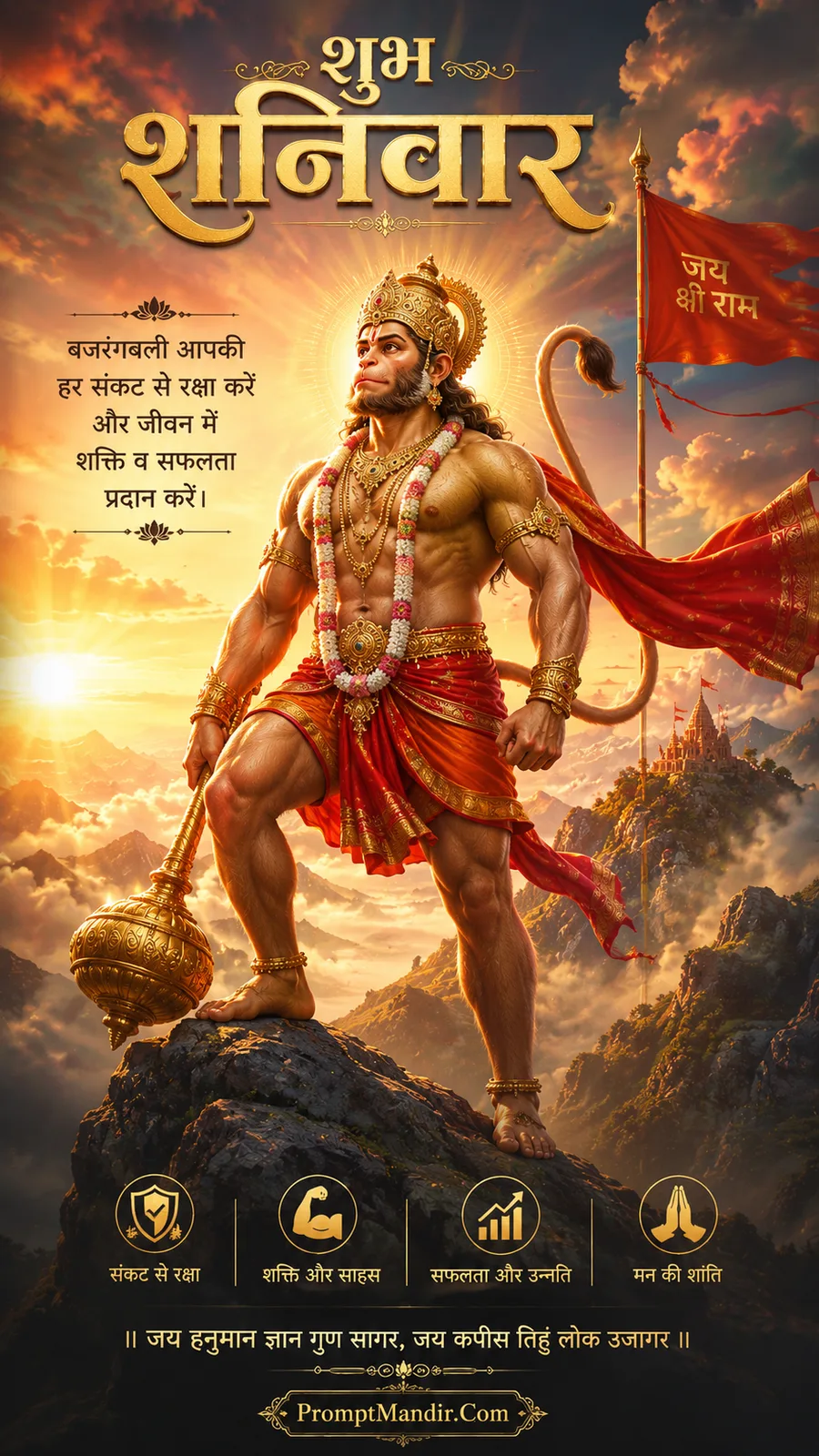 Lord Hanuman standing on mountain peak with mace and flowing flag