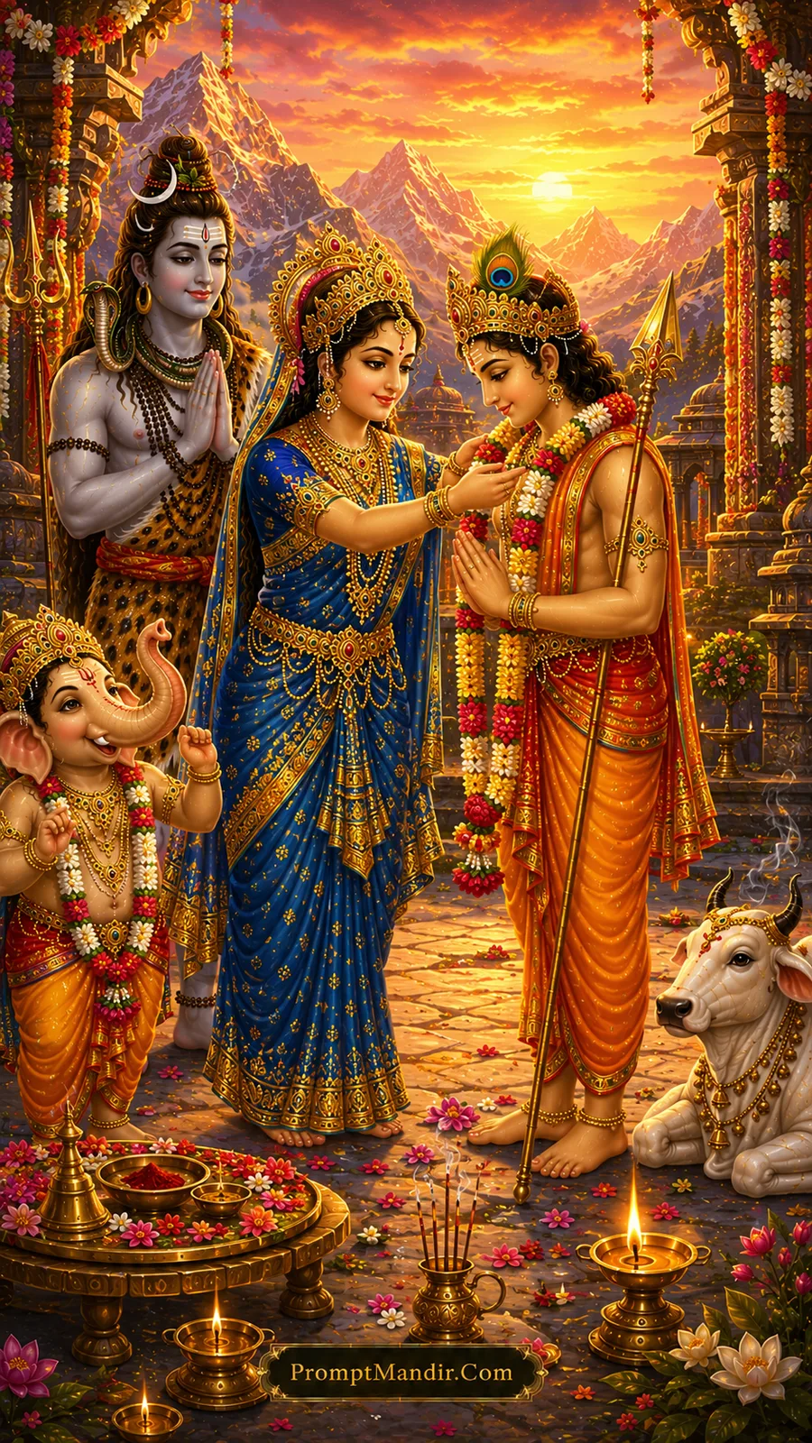 Goddess Parvati lovingly garlands Lord Kartikeya as Lord Shiva and young Ganesha watch peacefully