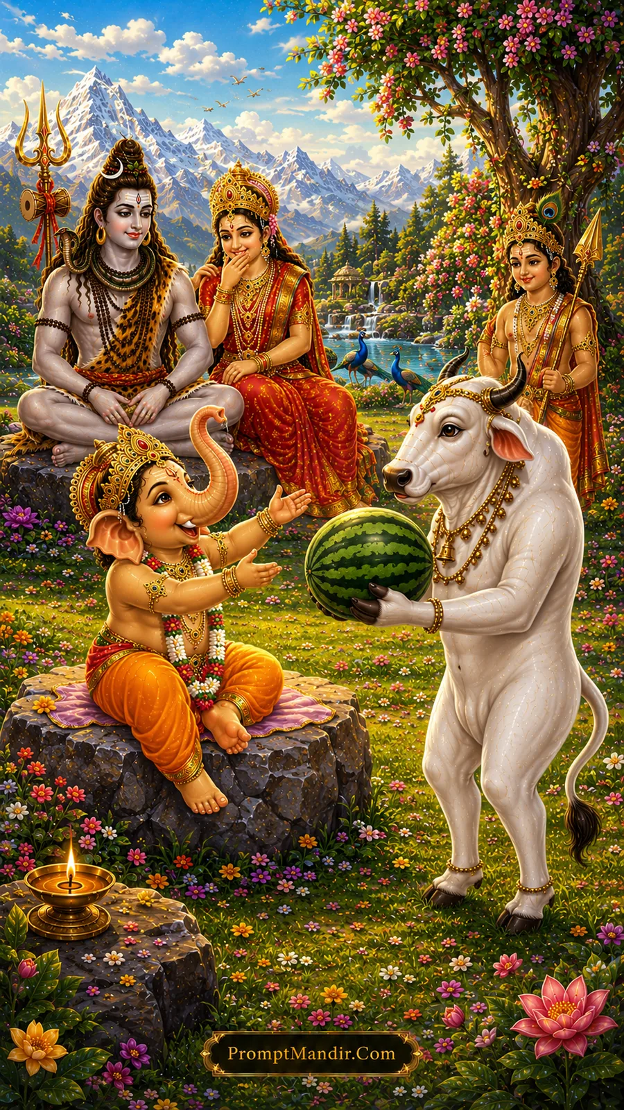 Young Lord Ganesha receives a watermelon from sacred Nandi beside Lord Shiva and Parvati
