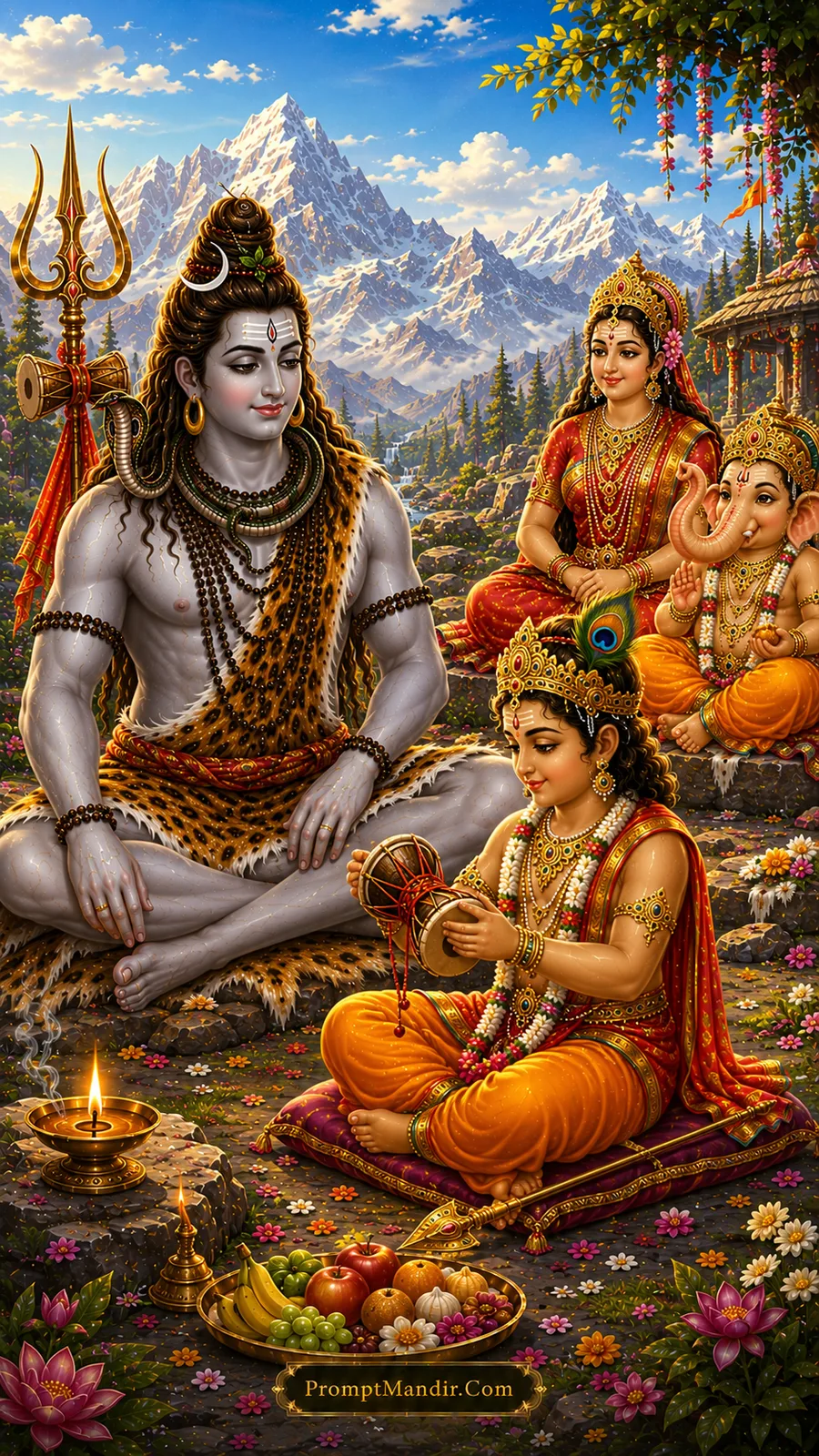 Young Lord Kartikeya playing a traditional drum before Lord Shiva with divine family nearby