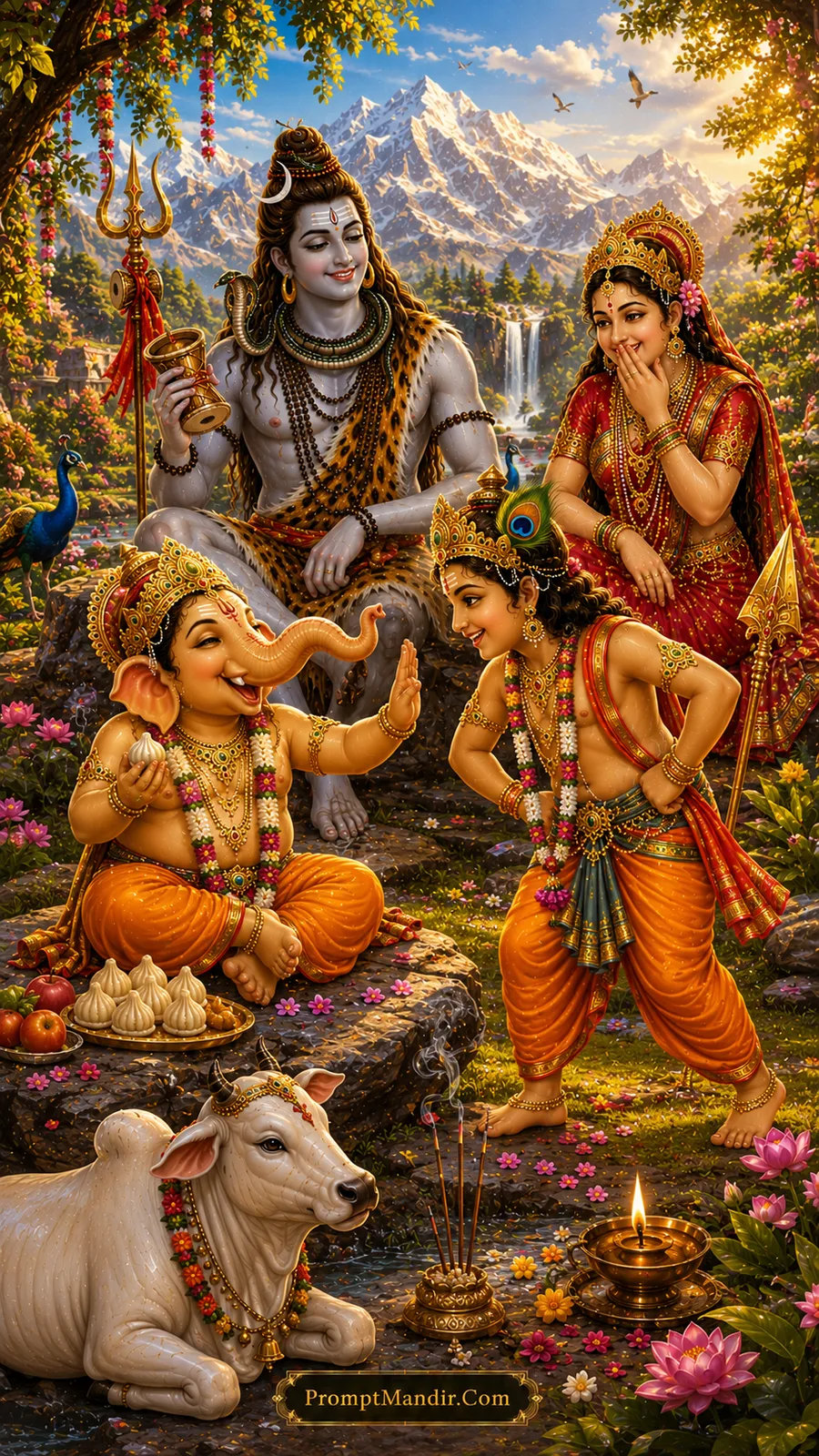 Young Lord Kartikeya playfully greets smiling Ganesha before Lord Shiva and Goddess Parvati