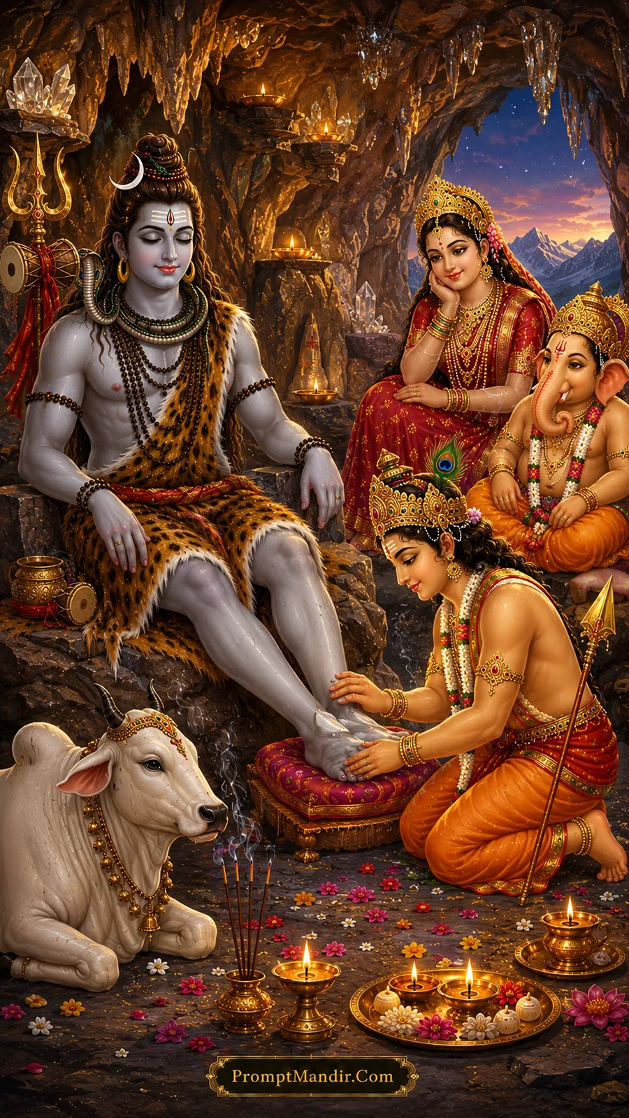 Lord Kartikeya respectfully massages Lord Shiva's feet inside a peaceful Himalayan meditation cave