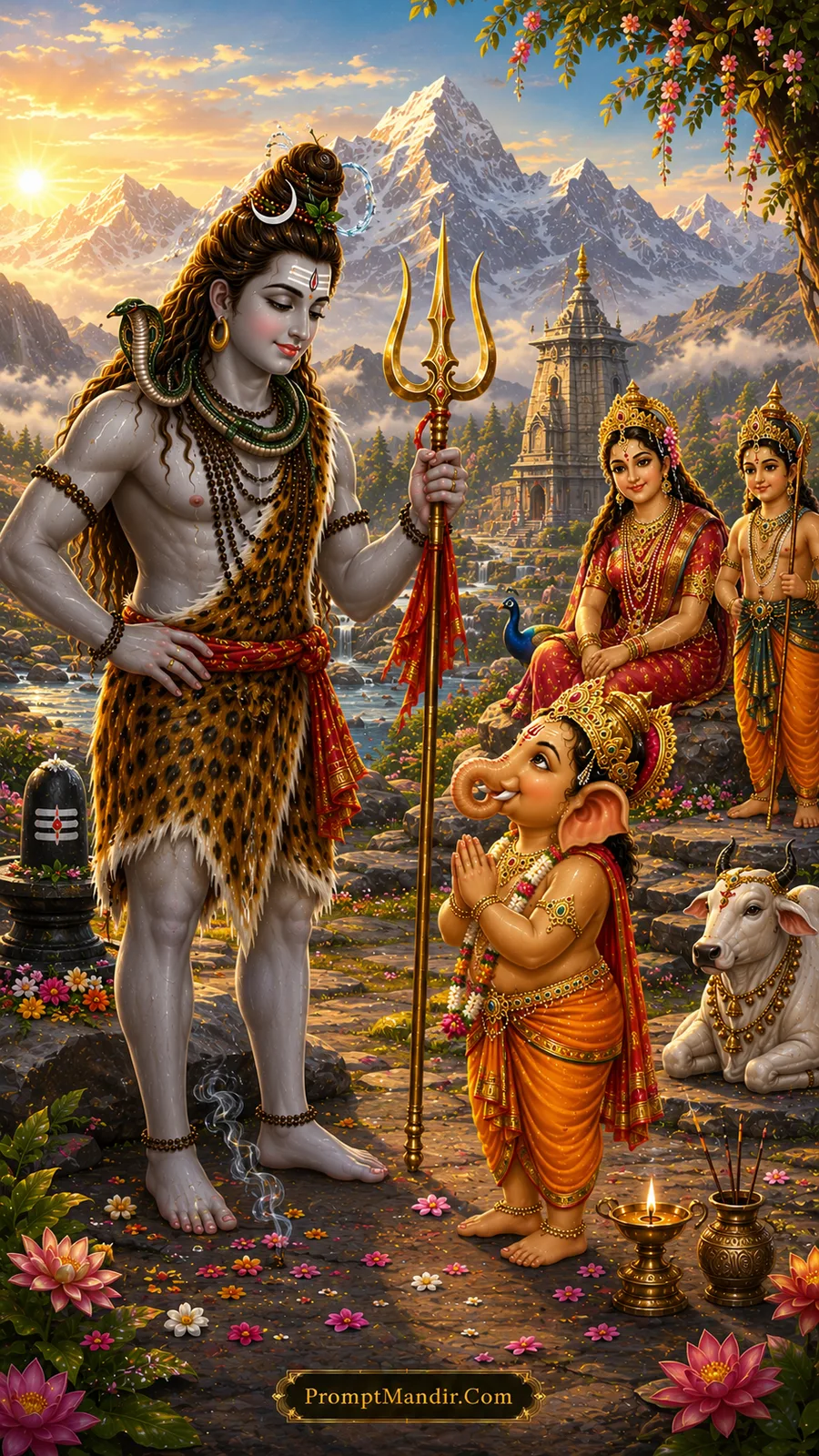 Young Lord Ganesha offers respectful prayers before standing Lord Shiva in sacred Himalayan landscape