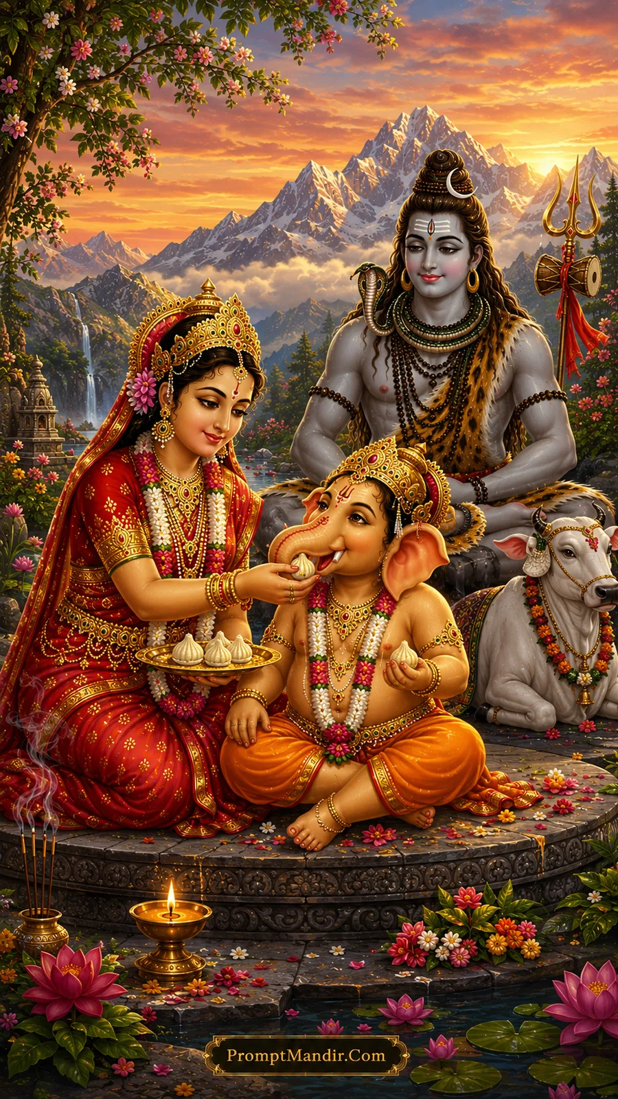 Goddess Parvati lovingly feeds sweet modak to smiling young Lord Ganesha beside Lord Shiva
