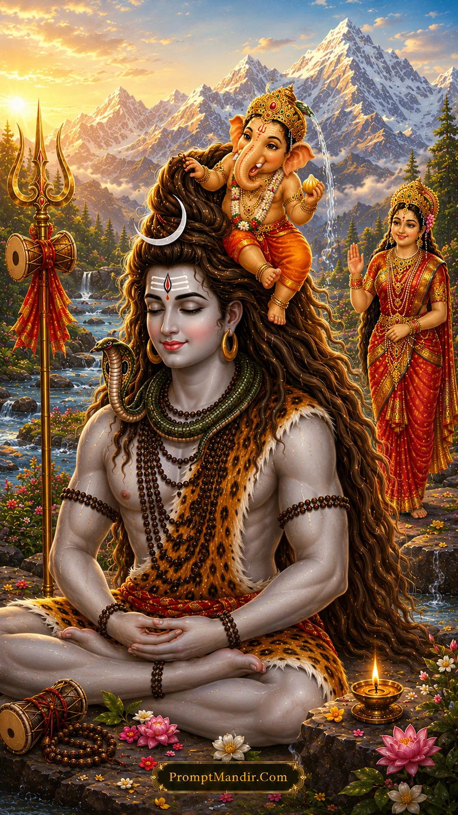 Young Lord Ganesha playfully sitting on meditating Lord Shiva with Goddess Parvati in Himalayan landscape
