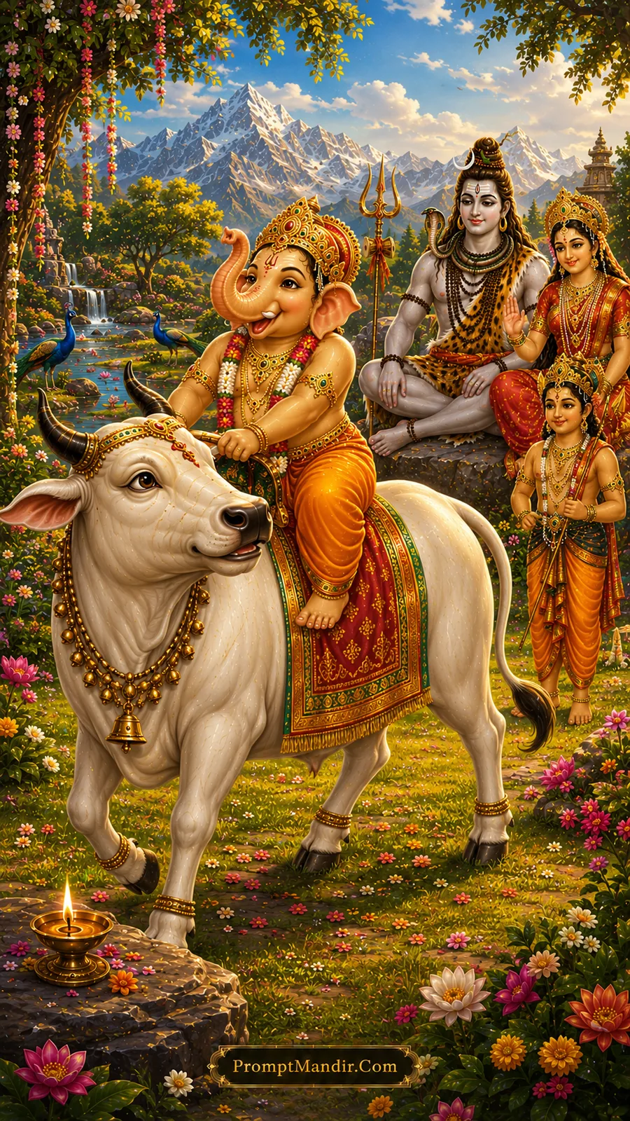 Young Lord Ganesha happily rides sacred Nandi through blooming Himalayan garden with divine family