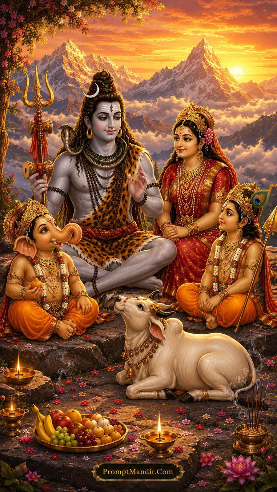 Lord Shiva blesses Ganesha, Parvati, Kartikeya and Nandi beneath glowing Himalayan sunset sky