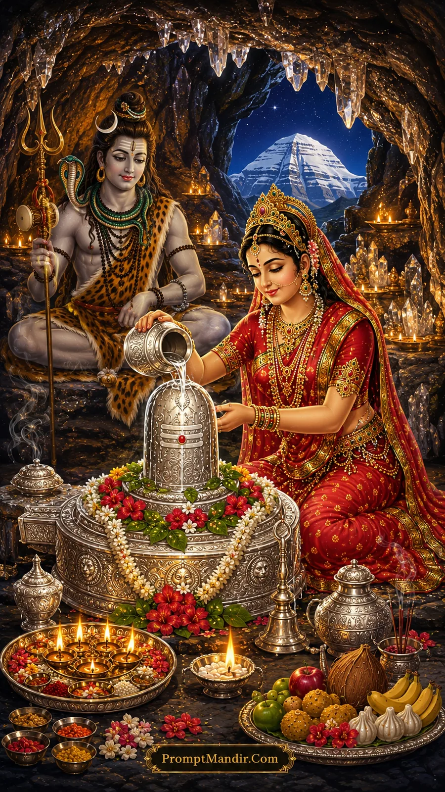 Goddess Parvati performing Shivling abhishek inside crystal cave with Lord Shiva