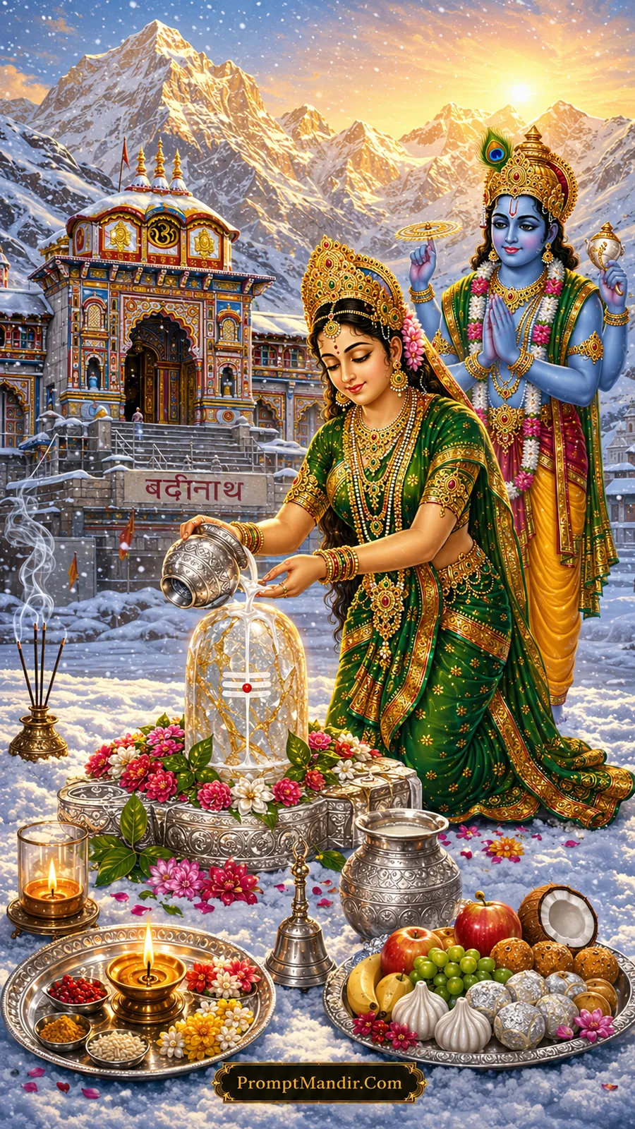 Goddess Lakshmi style devotee offering water to Shivling near Badrinath temple