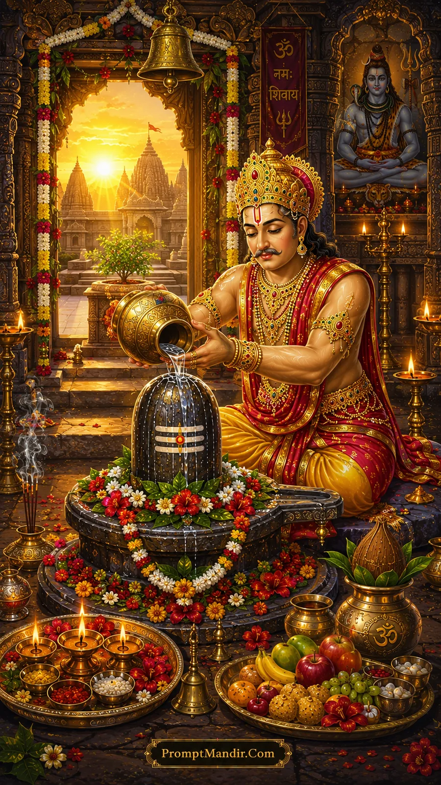 Royal devotee performing Shivling abhishek inside ornate temple at sunrise